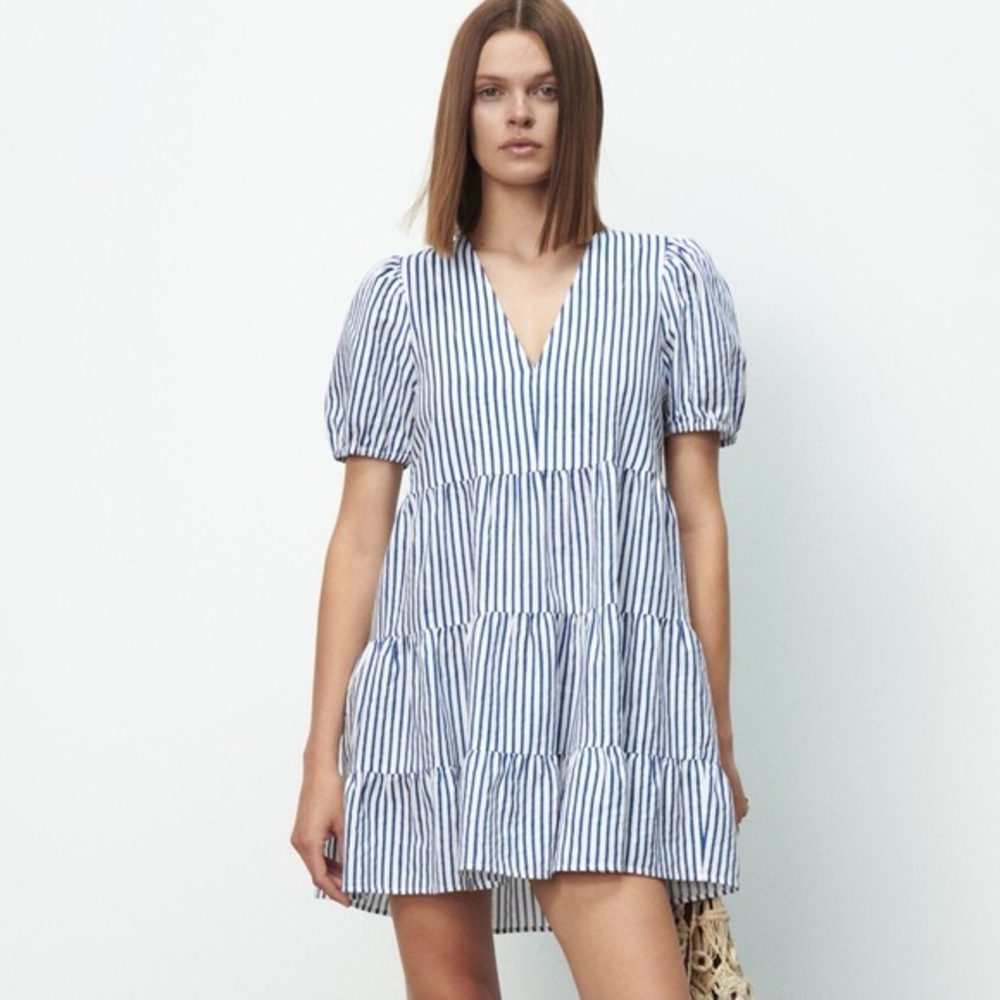 Zara Blue and White Stripped Tiered Mini Dress Size M